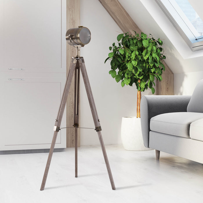 Vintage Tripod Floor Lamp - Industrial Retro Style Spotlight with Antique Searchlight Design - Classic Lighting Decor with Wooden Base for Photographers & Vintage Enthusiasts