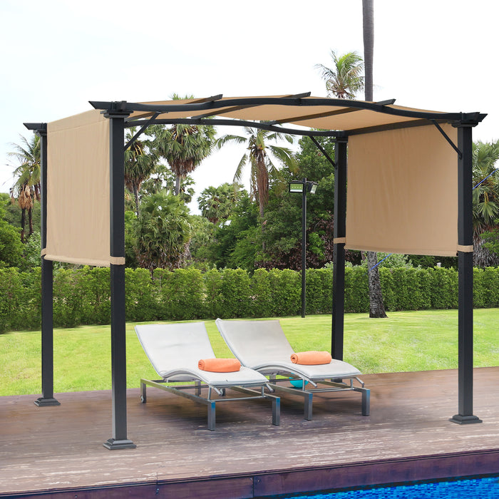 Retractable Pergola Gazebo with Dual Adjustable Canopies - Steel Frame, Khaki Overhead Sun Shade, 3x2.45x2.3 meters - Ideal for Garden and Backyard Comfort
