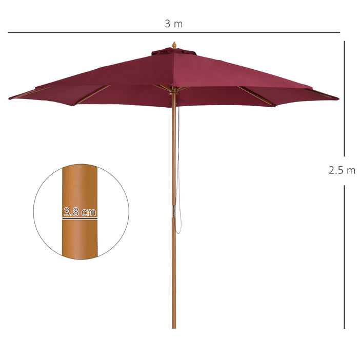 Premium Bamboo Wooden Market Patio Umbrella - Sturdy 8-Rib Outdoor Sunshade Canopy in Wine Red - Elegant Garden Parasol for UV Protection and Comfort