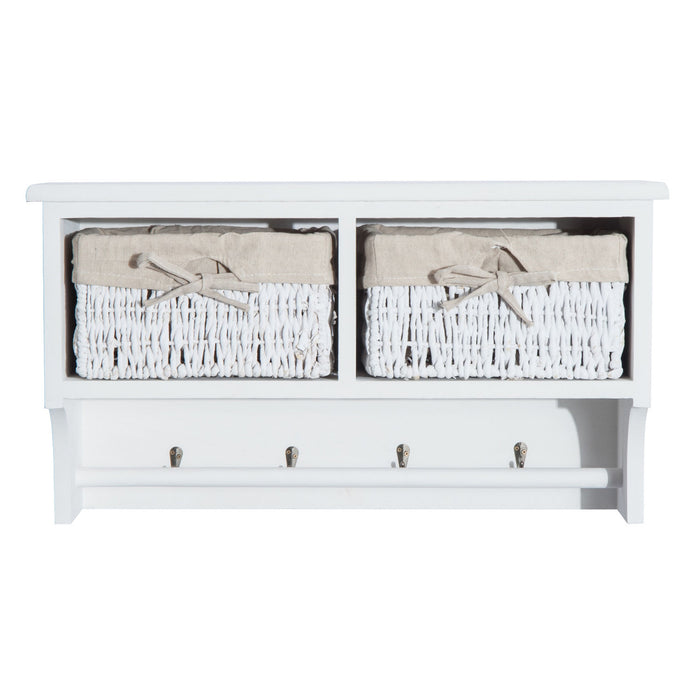 Wall-Mounted Entryway Coat Rack - White Shelf with Wicker Baskets and Hooks, 2-Basket Organizer - Perfect Storage Solution for Home Organization