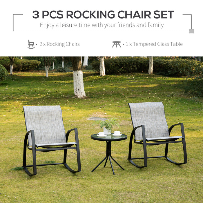 3-Piece Patio Bistro Set - Rocking Chairs with Tempered Glass Table for Outdoor Use - Ideal for Garden, Porch, Poolside Comfort in Grey