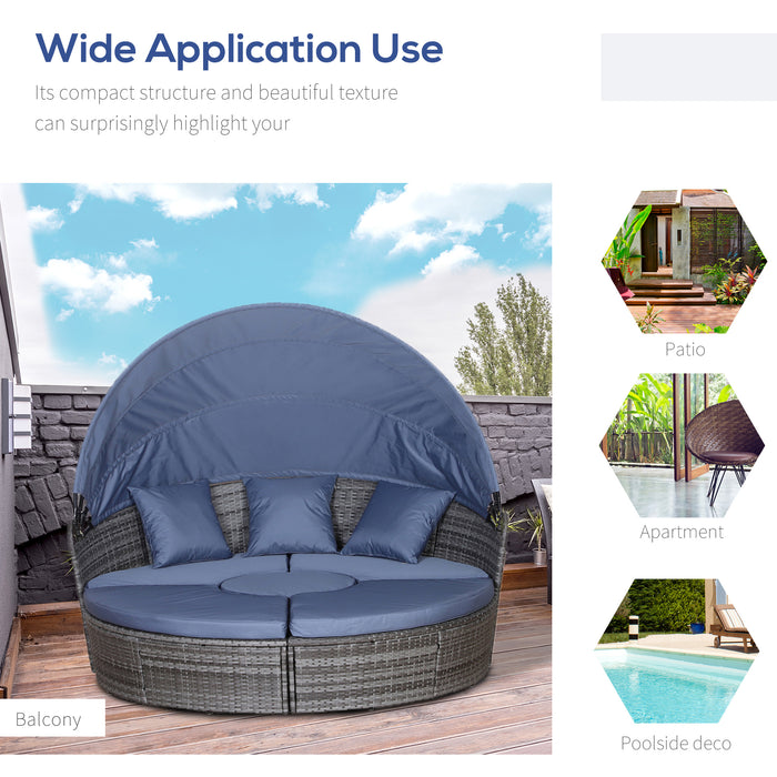 6-Seater Rattan Sofa Bed with Coffee Table - Cushioned Wicker Round Outdoor Lounging Set - Ideal Patio Conversation Furniture for Garden and Relaxation