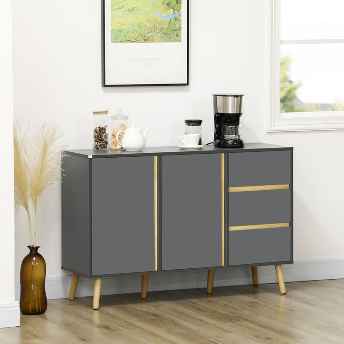 Modern Double-Door Sideboard with 3 Drawers - Adjustable Shelving, Dark Grey Kitchen Cupboard - Ideal for Living and Dining Room Storage Solutions