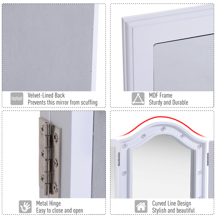 Freestanding Trifold Mirror with LED Lights - Lighted Tabletop Vanity, Large Cosmetic Mirror for Makeup - Foldable Design for Bedroom Use, Battery-Powered, White