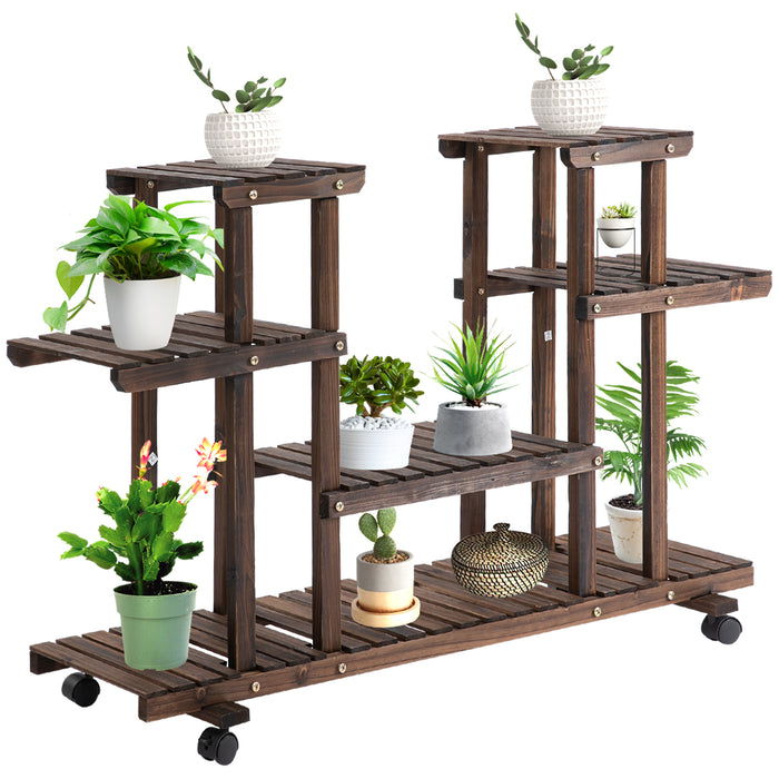 4-Tier Wooden Plant Stand with Wheels - Freestanding Flower Display Rack for Indoor & Outdoor Gardens - Ideal for Garden Balcony, 8-Pot Capacity, Portable with Handle, 123.5x33x80 cm