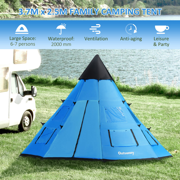 6-Person Tipi-Style Camping Tent - Family Teepee with Ventilated Mesh Windows and Zippered Door - Easy Assembly for Hiking, Picnics, and Overnight Adventures, Includes Carry Bag, Blue