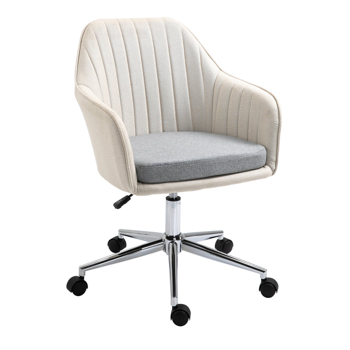 Linen Fabric Leisure Office Chair - Swivel Scallop-Shaped Computer Desk Chair with Wheels - Ideal for Home Study and Bedroom Comfort, Beige