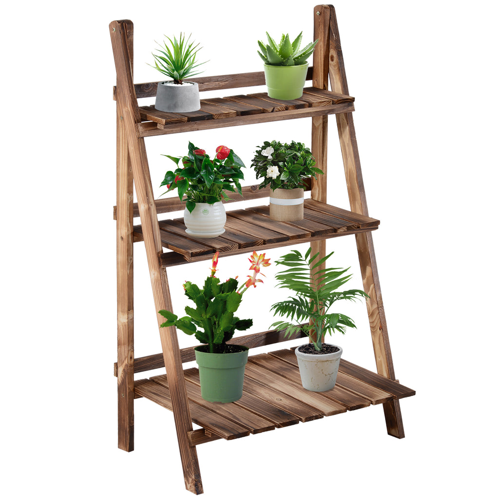 3-Tier Wooden Folding Plant Stand - Display Ladder for Flowers, Garden Planters, Herbs with Storage Shelves - Ideal for Gardeners, Space-Saving Rack