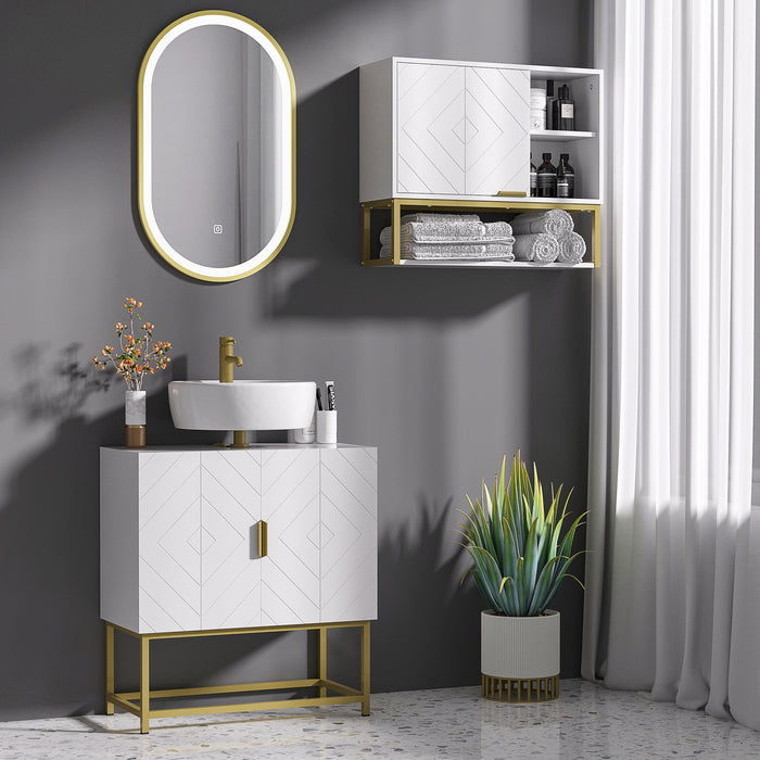 Under Sink Bathroom Mirror Cabinet - Basin Cupboard with Dual Door Storage and Elegant Gold Steel Legs - Stylish Organization for Restroom Essentials