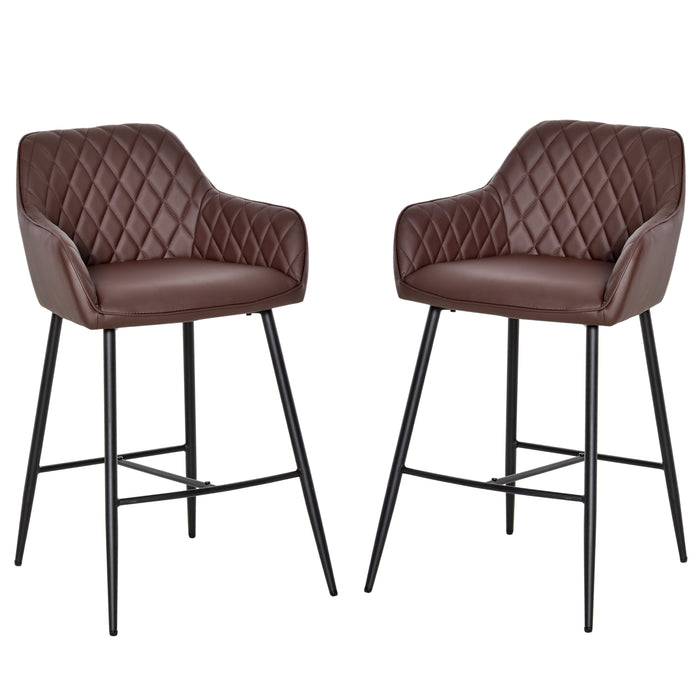 Retro PU Leather Bar Stools, Set of 2 - Comfortable Backrest and Metal Frame with Footrest - Stylish Seating for Home Dining and Kitchen Areas