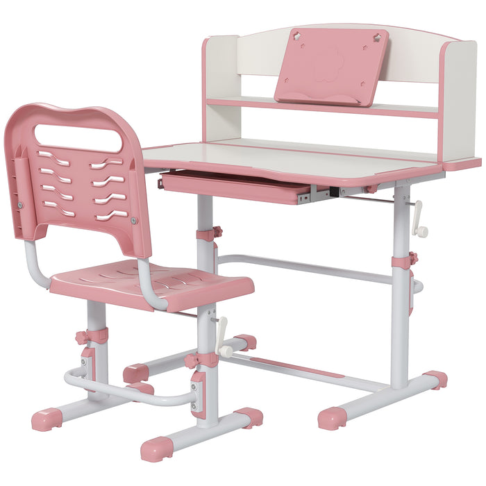 Kids Height Adjustable Study Desk and Chair Combo - Includes Drawer and Storage Shelf, Pink, 80x54.5x104cm - Ideal for Growing Children's Learning Spaces