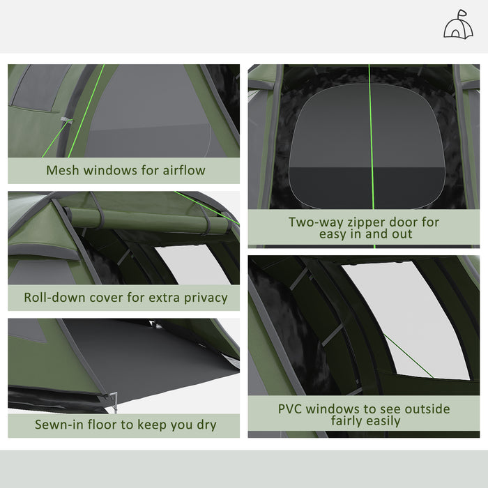 3-4 Person Two Room Tunnel Tent - Spacious Camping Shelter with Windows and Covers - Ideal for Fishing, Hiking, and Outdoor Sports, Includes Carry Bag, Green