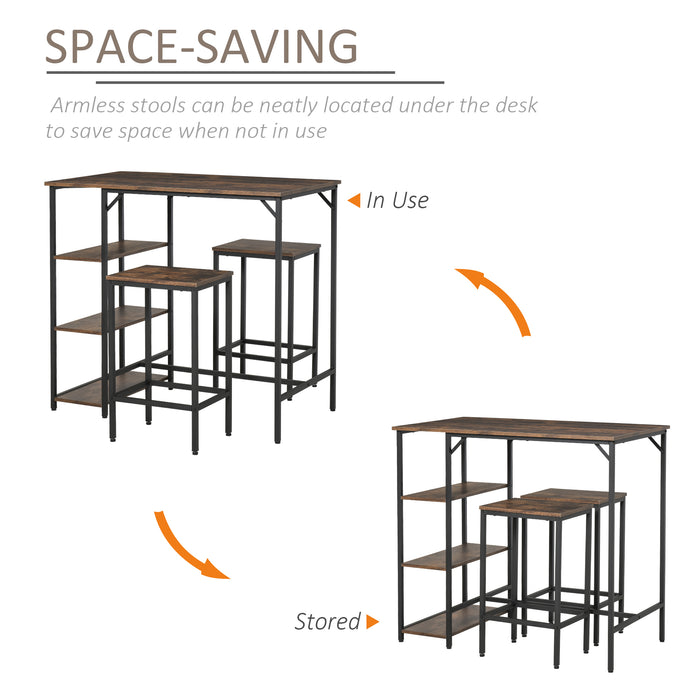 Industrial Bar Height Dining Table Set with Side Shelf - Includes 2 Stools for Kitchen or Dinette - 3-Piece Coffee and Dining Room Furniture Combo