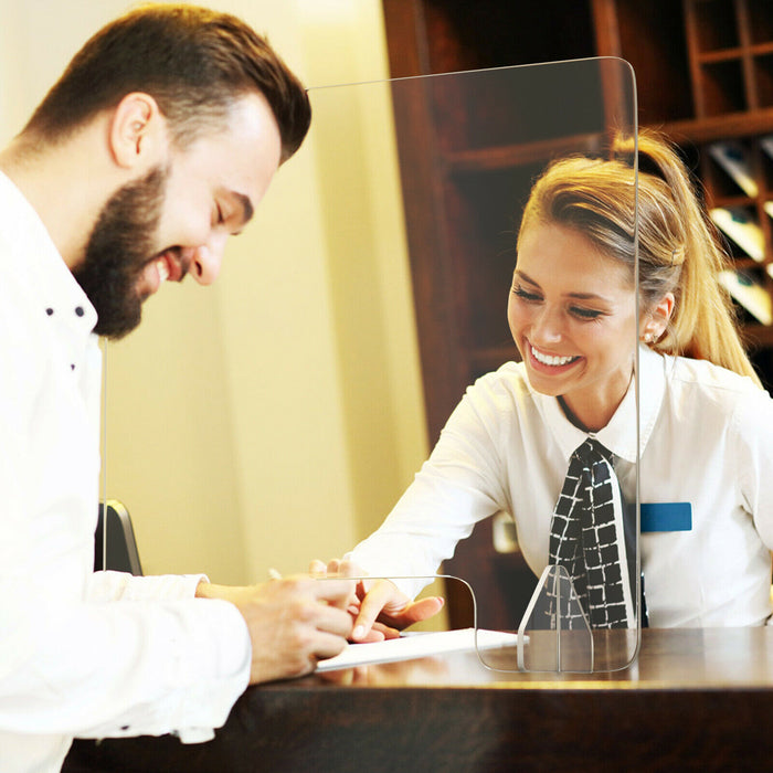 Freestanding Sneeze Guard Shield - With Convenient Transaction Window - Perfect for Customer Service and Retail Counter Spaces