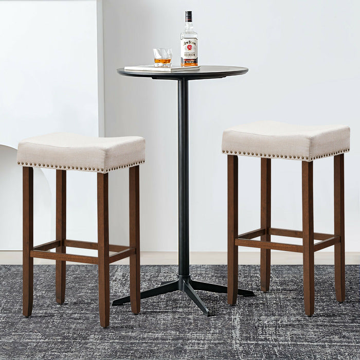 Set of 2 Bar Stools - Traditional Beige Upholstered Design - Perfect for Home Bars or Kitchen Counters