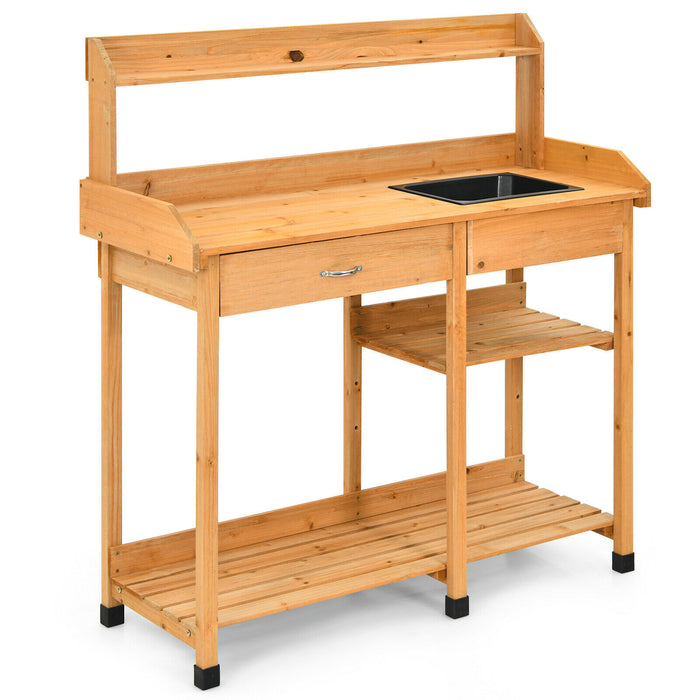 Wooden Garden Workstation - Planting Table with Sink and Hook - Ideal for Gardeners and Plant Lovers