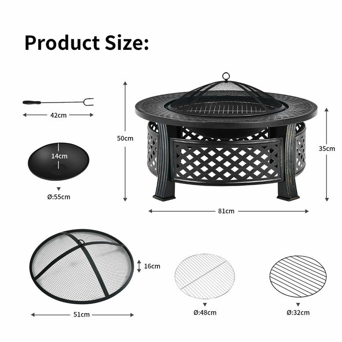 Outdoor Fire Pit Set - 3 in 1 Round Design With BBQ Grill and Rain Cover - Ideal for Outdoor Entertaining and Cooking