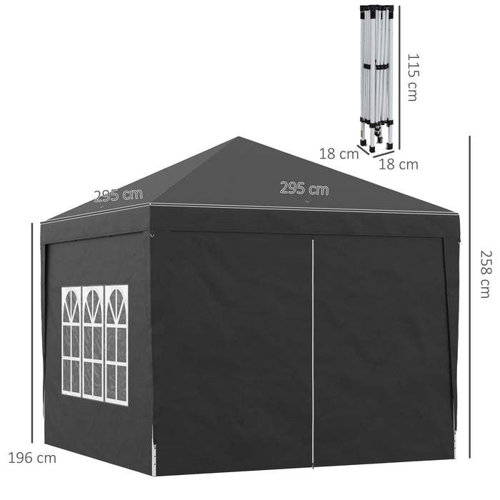 Water-Resistant Pop-Up Gazebo 3x3m - Black Canopy Marquee with Carrying Bag & 2 Windows - Ideal for Weddings, Camping & Outdoor Parties