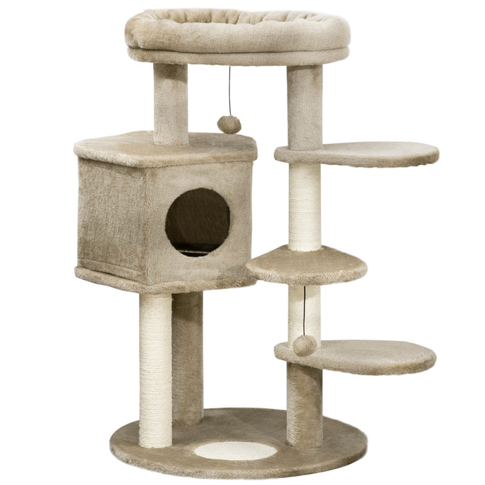 Cat Tower Playground with Sisal Scratch Posts - Multi-Level Kitty Condo with Ramp, Bed & Hanging Toy - Ideal Entertainment Center for Indoor Cats
