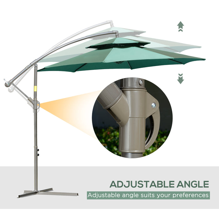 Banana Parasol Cantilever Umbrella - 2.7m with Crank Handle, Double Tier Canopy, Cross Base, Outdoor Hanging Sun Shade - Ideal for Patio, Backyard or Poolside Shade in Green