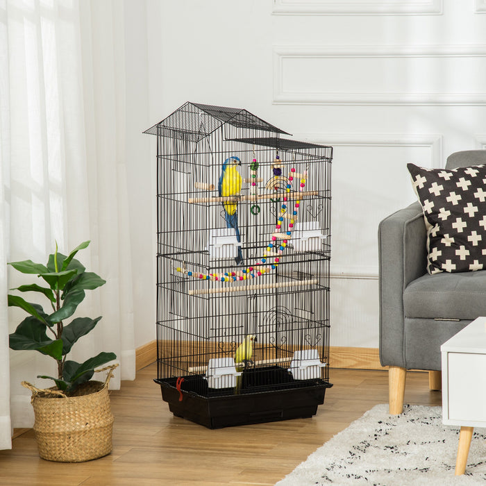 Aviary Home for Small Birds - Budgie, Finch, and Canary Cage with Perches, Toys, and Slide-Out Tray - Portable Design with Carrying Handle, 46x36x100cm, Elegant Black