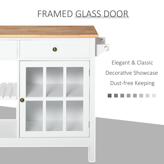 Kitchen Trolley Cart with Wheels - 2 Drawers, Cabinet, Towel Rack, and Rubber Wood Top - Moveable Storage Solution for Dining Room, White