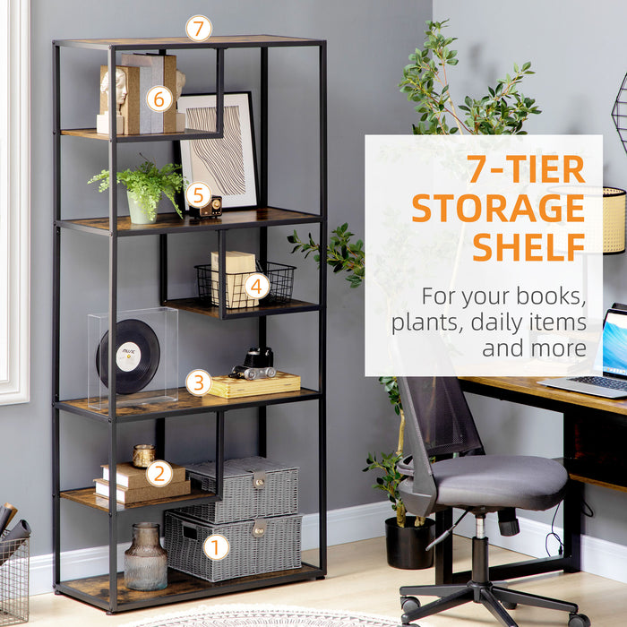 7-Tier Industrial Bookcase - Metal Shelving Unit with Rustic Brown Finish - Versatile Storage for Living Room, Home Office, and Bedroom
