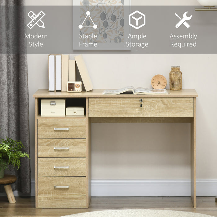 Oak-Finished Computer Desk - Home Office Workstation with Lockable Drawer and Storage Shelf - Ideal for Study and Bedroom Use