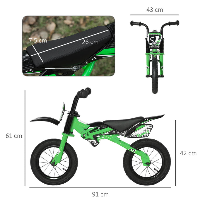 Kids Balance Bike - 12" No-Pedal Training Cycle with Motorbike Design, Air-Filled Tires & Adjustable PU Seat - Ideal for 3-6 Year Old Children Learning Balance & Coordination, Green