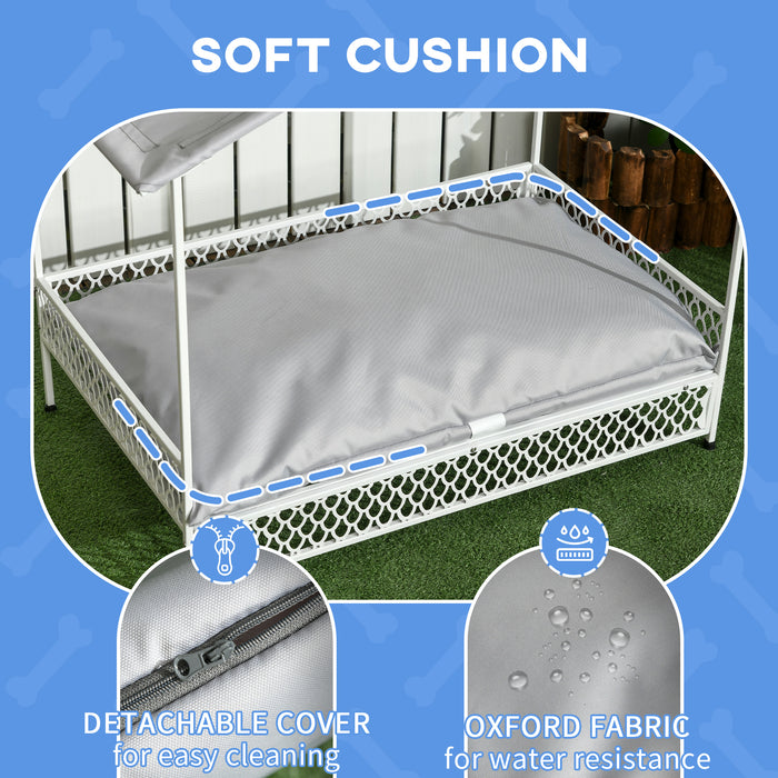 Elevated Pet Lounger with Water-Resistant Canopy - Comfy Raised Dog Bed with Soft Cushion for Indoor/Outdoor Use - Ideal for Small to Medium Dogs Seeking Shade & Comfort