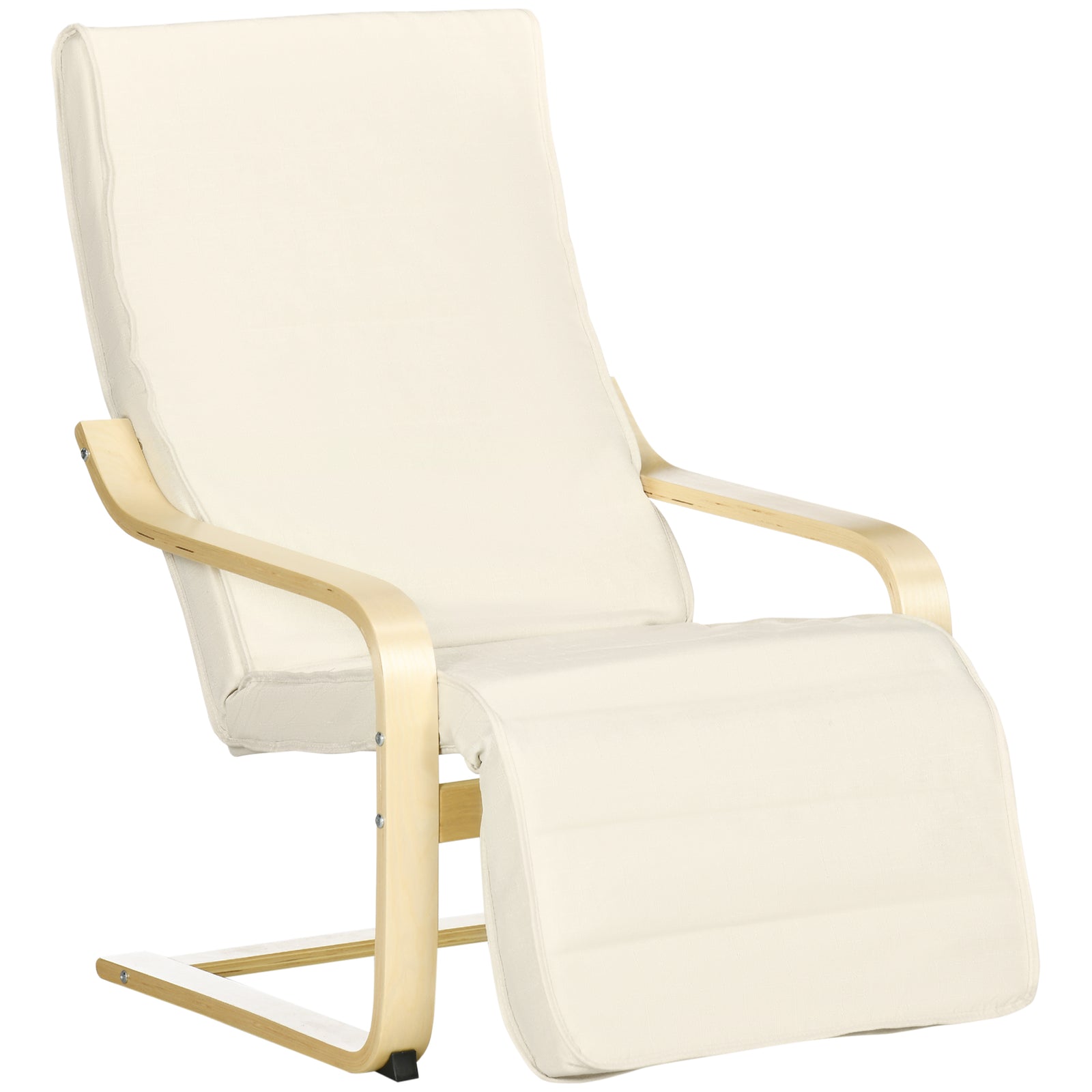 Wooden Lounging Chair with Adjustable Footrest - Cream White Relaxing Recliner with Removable Cushion - Ideal for Deck Lounging and Outdoor Comfort