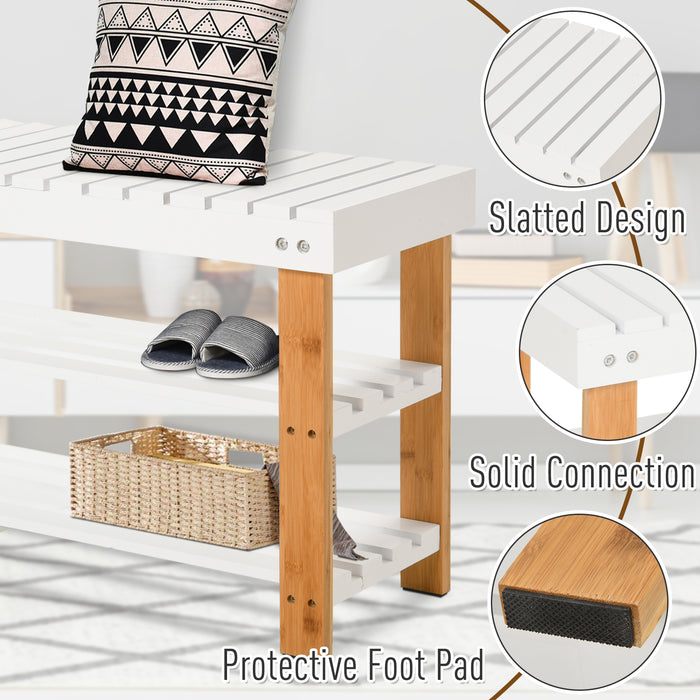 3-Tier Wooden Shoe Bench with Storage - Slatted Rack, Hidden Compartment, Natural Finish - Entryway Home Organizer, 90x29x45cm