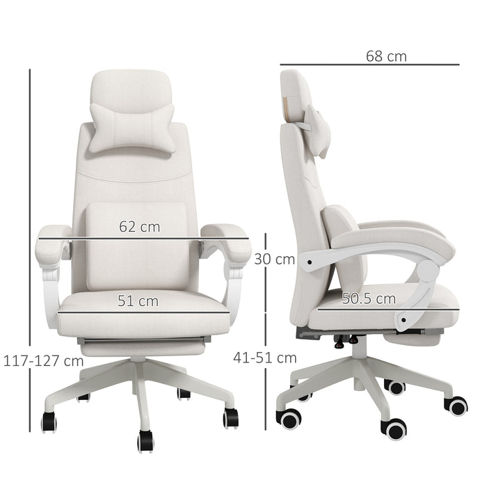 Ergonomic High Back Reclining Office Chair - Lumbar Support, Adjustable Height, Swivel with Footrest in White - Ideal for Long Working Hours and Comfort Seating