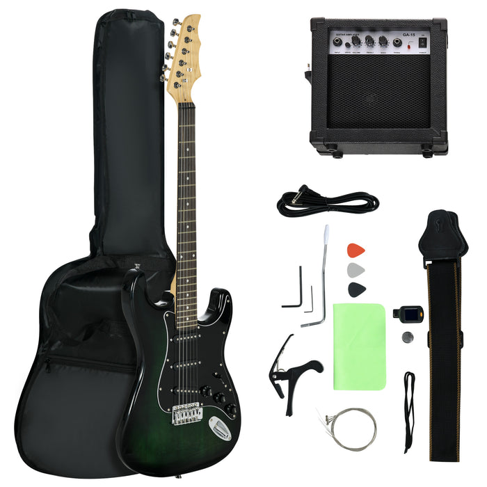 Electric Guitar Starter Kit - 6-String Right-Handed Guitar with 20w Amp, Digital Tuner, Spare Strings, Picks, Shoulder Strap, Case Bag in Black Green - Perfect for Beginners