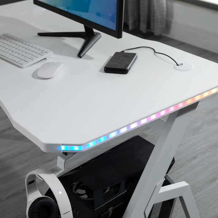 Ergonomic Racing Gaming Desk - RGB LED Lighting, Headphone Hook, Cup Holder, Controller Stand - Ideal for Gamers and Home Office Setup