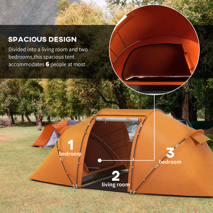 4-6 Person Double Bedroom Tunnel Tent - Outdoor Camping Sun Shelter with UV Protection, Orange - Ideal for Family or Group Hiking Adventures