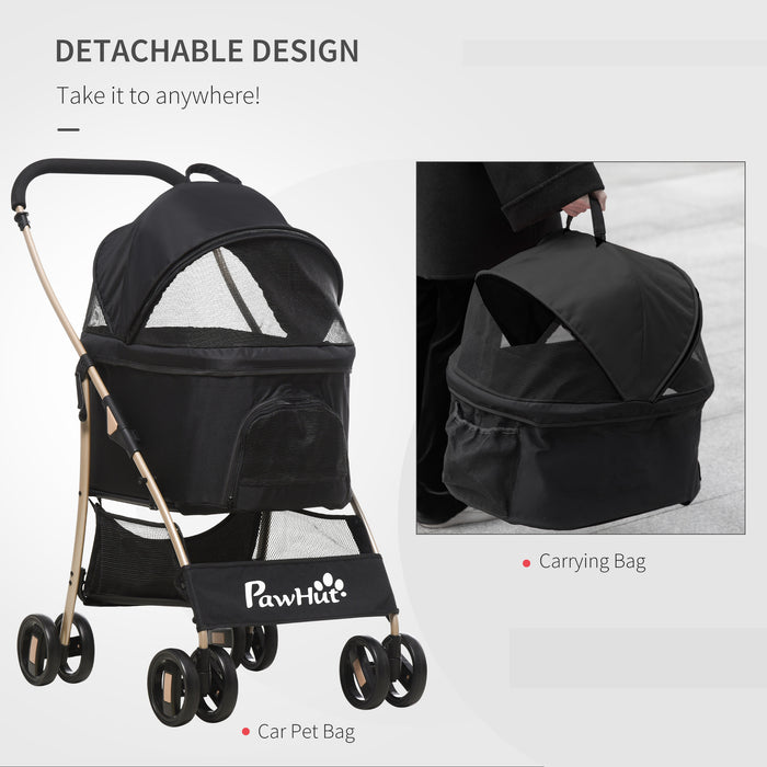 3-in-1 Detachable Pet Stroller - Foldable Dog & Cat Travel Carriage with Universal Wheel Brake, Canopy, Basket & Storage - Ideal for Pet Owners On-the-Go