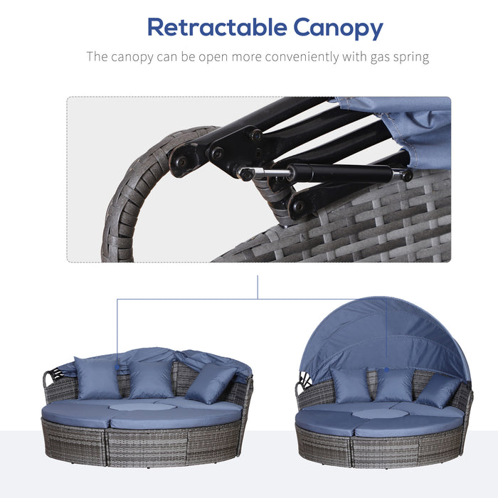 6-Seater Rattan Sofa Bed with Coffee Table - Cushioned Wicker Round Outdoor Lounging Set - Ideal Patio Conversation Furniture for Garden and Relaxation