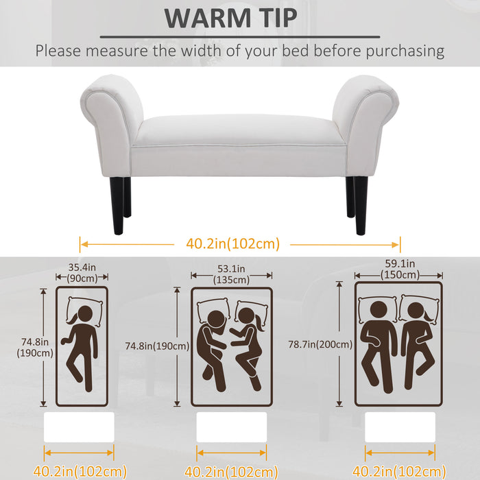 Chic White Chaise Lounge Sofa with Wooden Legs - Petite Velvet Upholstered Bench for Bedroom or Window Seat - Elegantly Crafted for Small Spaces and Home Decor Enhancements