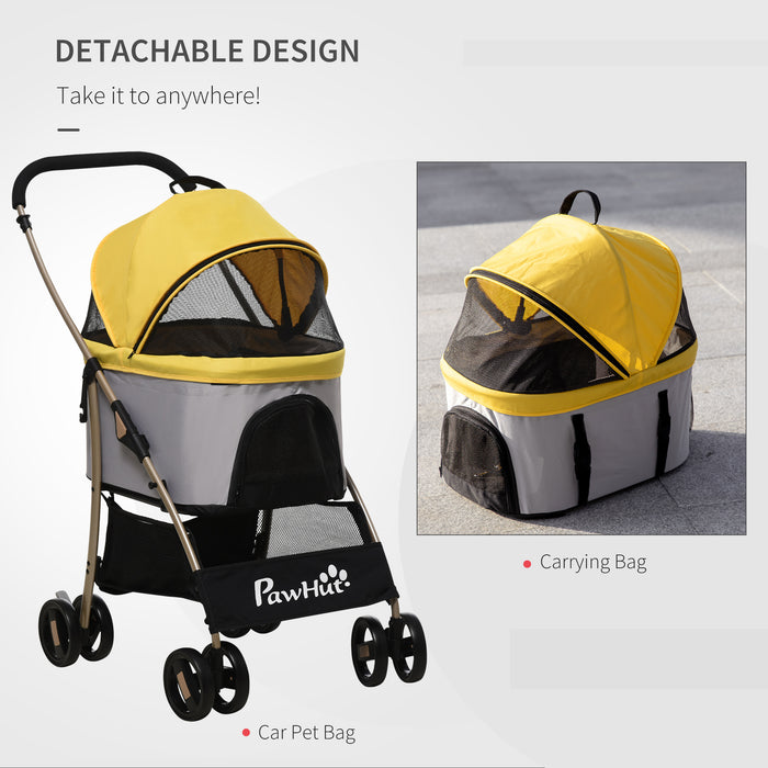 Detachable 3-in-1 Pet Stroller - Foldable Dog and Cat Travel Carriage with Universal Wheel Brake, Canopy, and Storage Basket - Convenient Transportation for Pets, Yellow