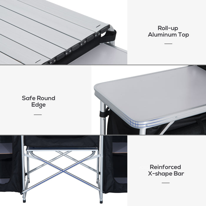 Portable Camping Cooking Workstation - Foldable Outdoor Kitchen Table with Windscreen and Storage - Ideal for BBQ, Parties, and Picnics