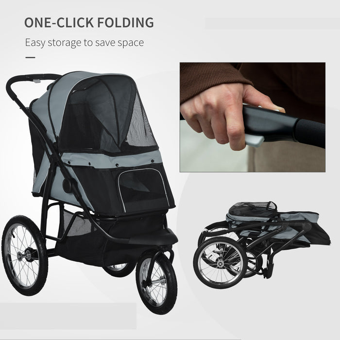 Foldable Pet Jogger Stroller - Medium & Small Dog Stroller with Adjustable Canopy and 3 Large Wheels, Grey - Convenient Cat Pram for Outdoor Activities