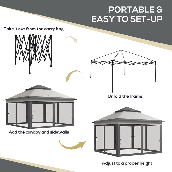 Height Adjustable 3x3m Pop-Up Gazebo with Netting - Easy Setup Outdoor Event Shelter, Grey - Includes Carrying Bag for Portability