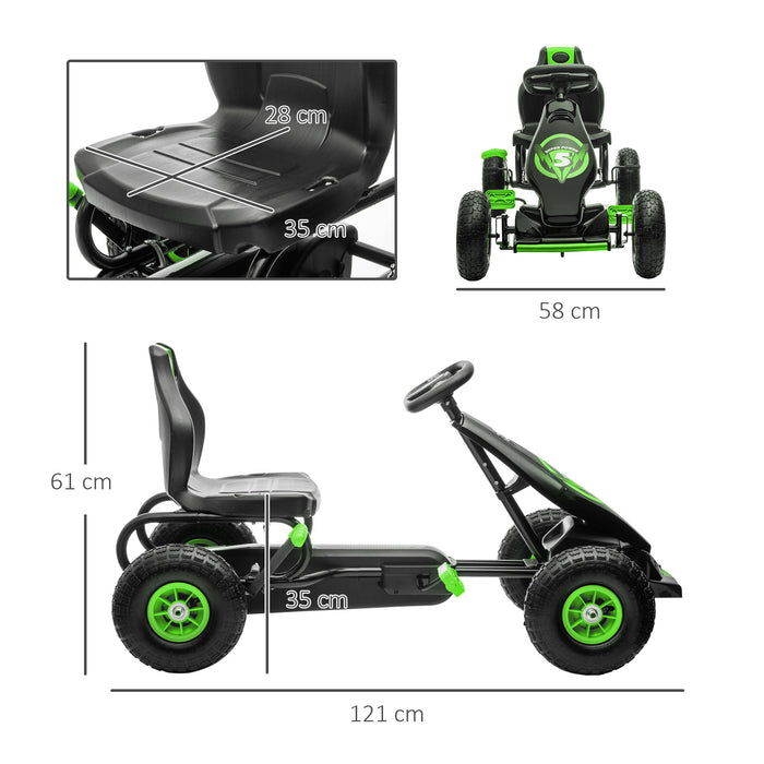 Pedal-Powered Racing Go Kart for Kids - Adjustable Seat, Inflatable Tyres, Shock Absorption, Handbrake - Ideal Outdoor Fun for Boys and Girls Ages 5-12, Vibrant Green Color