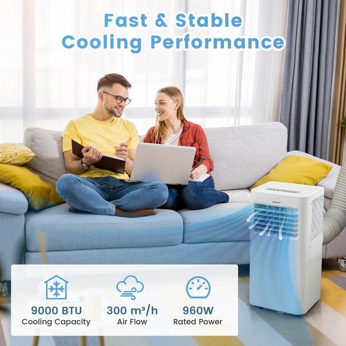 9000 BTU 4-in-1 Portable Air Conditioner - Built-in Dehumidifier and Smart Sleep Mode, White - Ideal for Managing Room Climate Comfortably