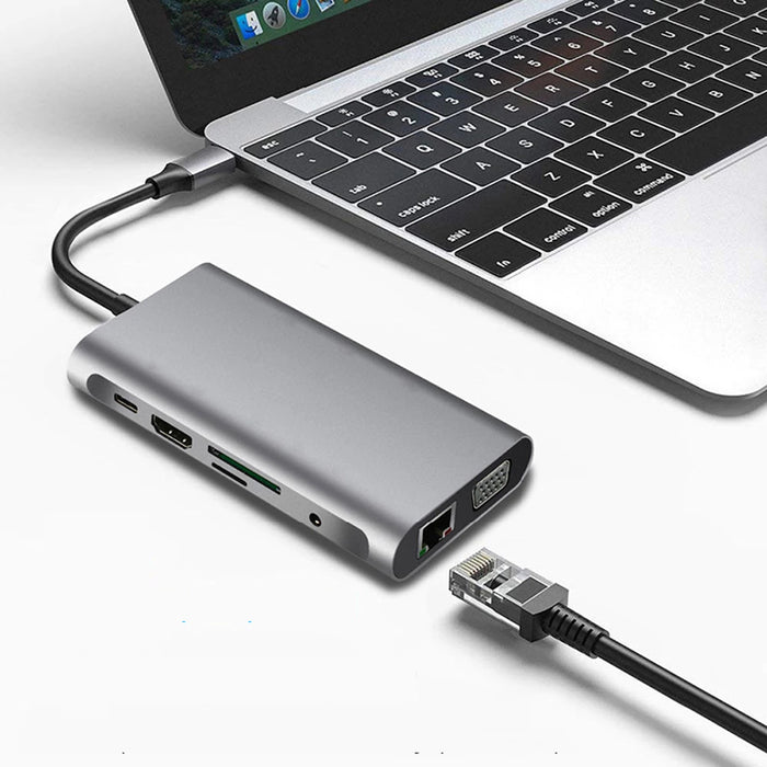Bakeey 10-in-1 USB Type-C Hub - Triple Display with 4K HD, 1080P VGA, RJ45 Network, 100W USB-C PD3.0, 3 USB 3.0, 3.5mm Audio, Memory Card Readers - Perfect for Professionals and Multi-taskers