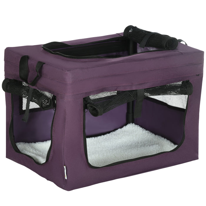 Purple Foldable Pet Carrier with Cushion - 49cm Portable Cat and Dog Travel Bag for Miniature Breeds - Comfortable and Durable Pet Travel Solution