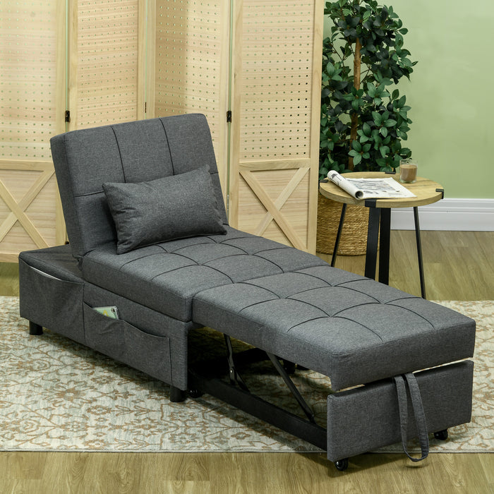 3-in-1 Convertible Sleeper Chair Bed with Padding - Adjustable Recliner, Wheels and Pillow, Grey - Perfect for Small Spaces and Guest Rooms