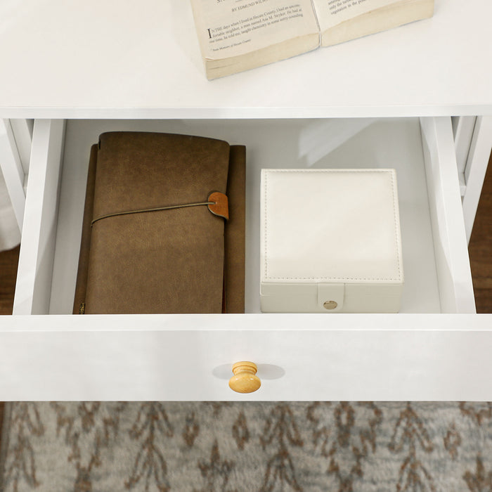 White Bedside Table with Storage - Square Side End Table with Drawer & Lower Shelf - Functional Nightstand for Bedroom, Living Room Spaces