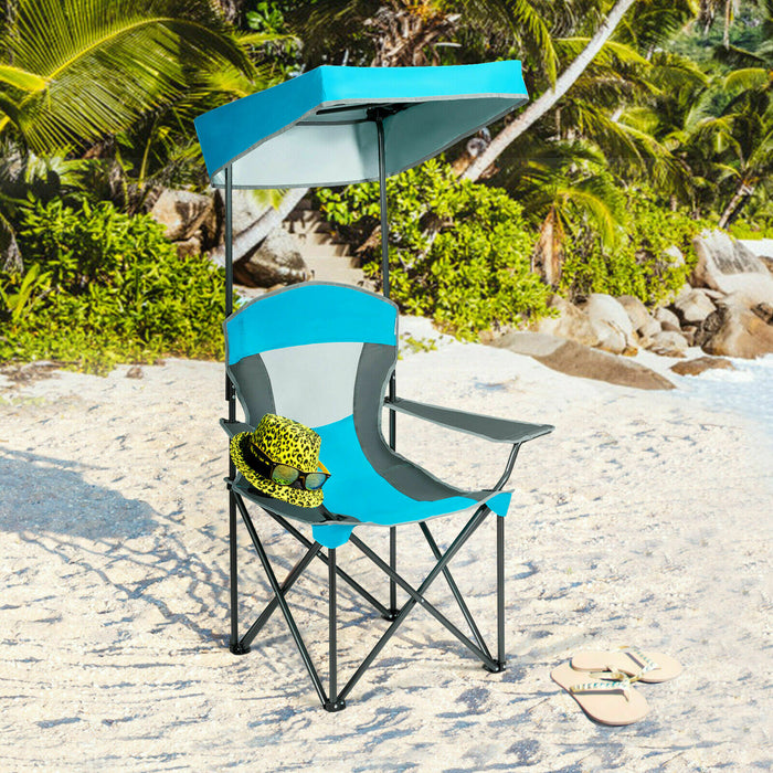 Portable Outdoor Seating Solution - Foldable Camping Chair with Sunshade Canopy and Beverage Holder in Blue - Ideal for Campers, Outdoor Enthusiasts, and Beach Goers